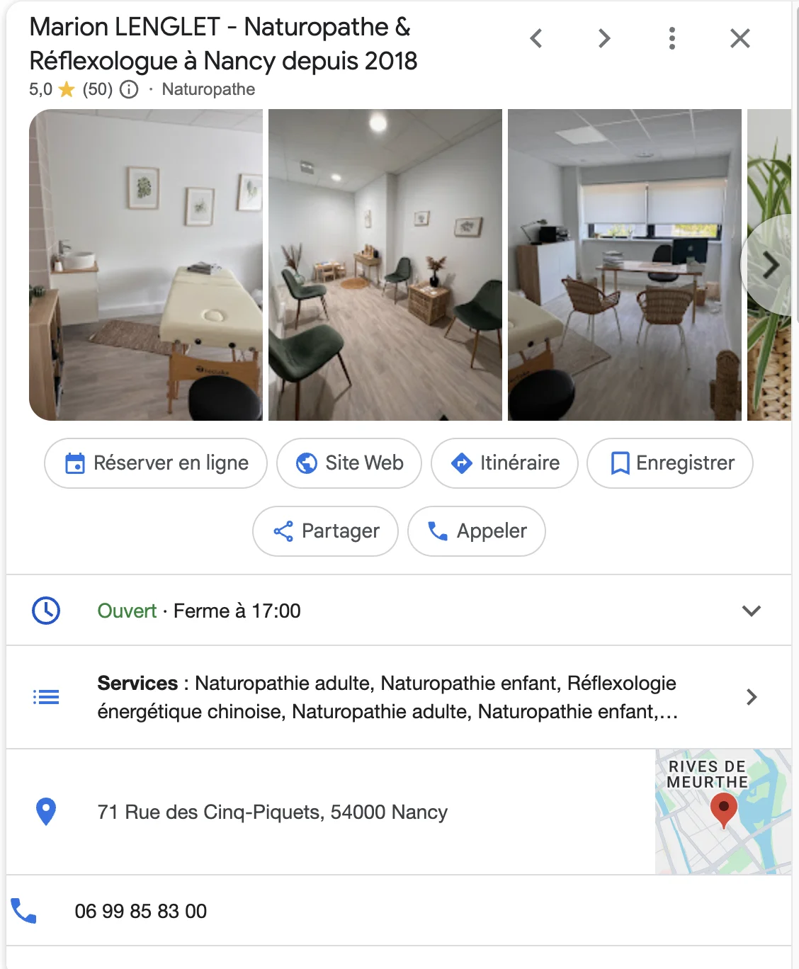 exemple d'une fiche google d'une naturopathe basée à nancy